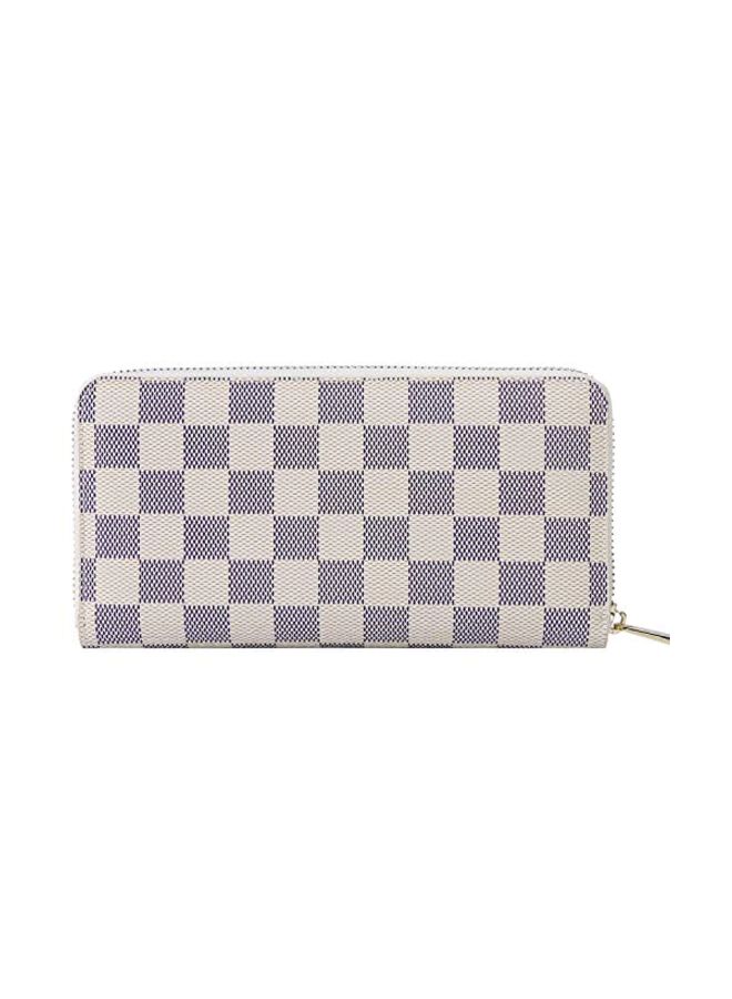 HEFANG RFID Checkered Leather Zip Around Wallet Beige/Blue - Image 2